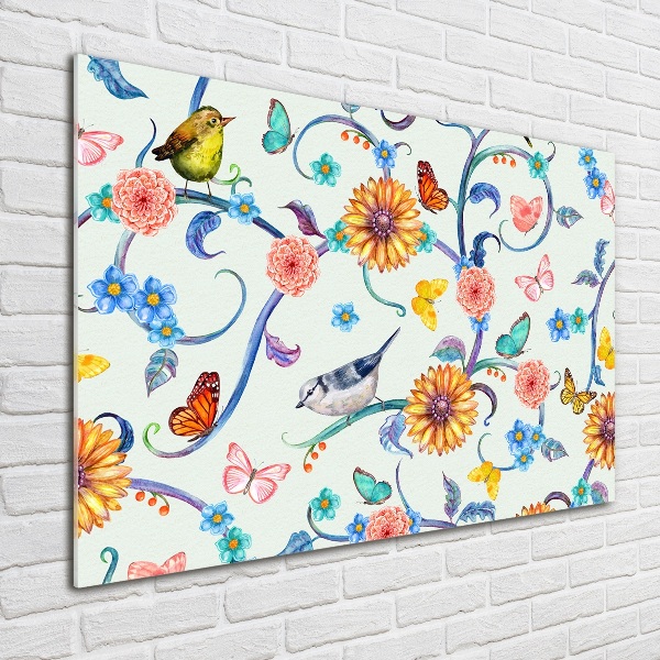 Schilderij op glas Bloemen en vogels