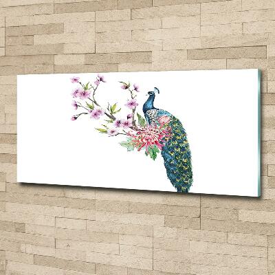 Schilderij glas Pauw en bloemen