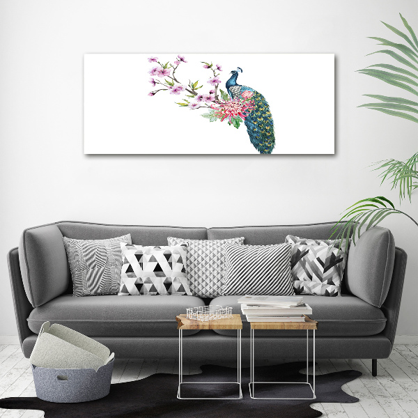 Schilderij glas Pauw en bloemen