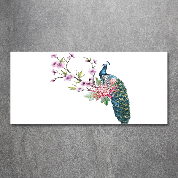 Schilderij glas Pauw en bloemen