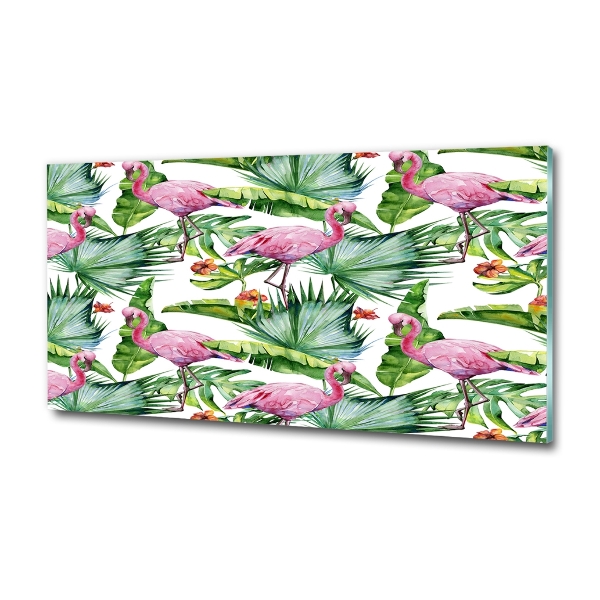 Foto schilderij op glas Flamingo's planten