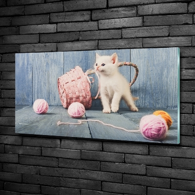 Schilderij glas Witte kat en strengen