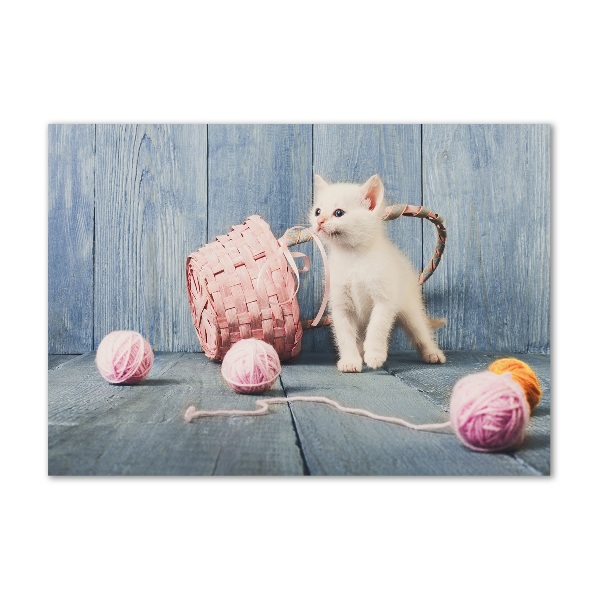 Schilderij glas Witte kat en strengen