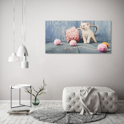 Schilderij glas Witte kat en strengen