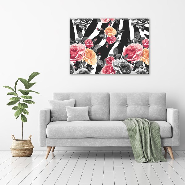 Schilderij glas Rozen tegen een zebra-achtergrond