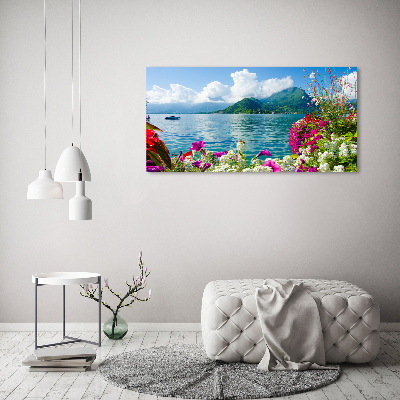 Schilderij glas Bloemen bij het meer