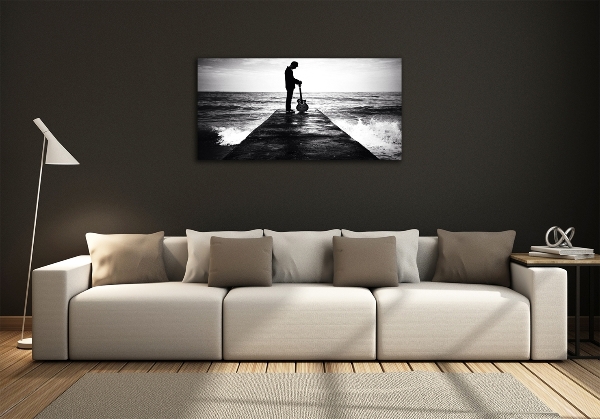 Schilderij glas Gitarist op de pier