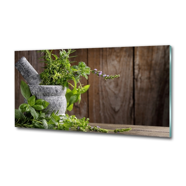 Foto schilderij op glas Kruiden in een vijzel