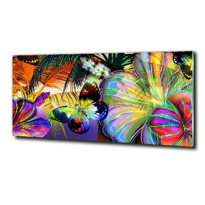 Glazen schilderij Bloemen en een vlinder