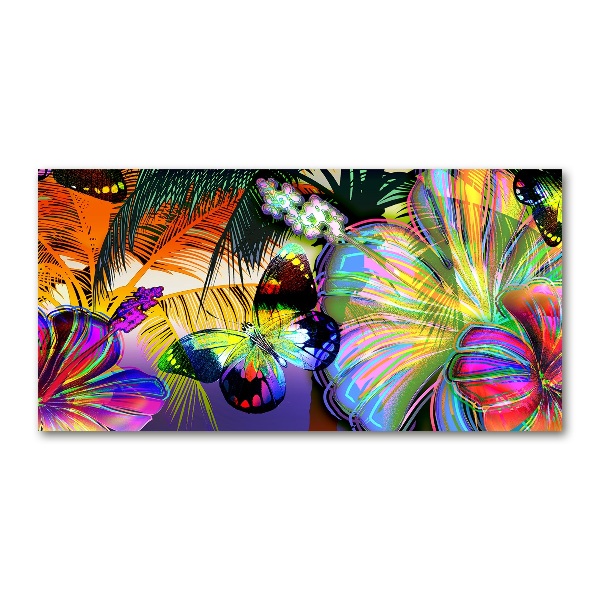 Glazen schilderij Bloemen en een vlinder