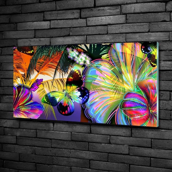 Glazen schilderij Bloemen en een vlinder