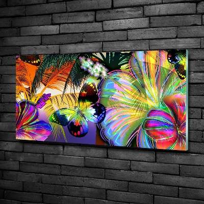 Glazen schilderij Bloemen en een vlinder