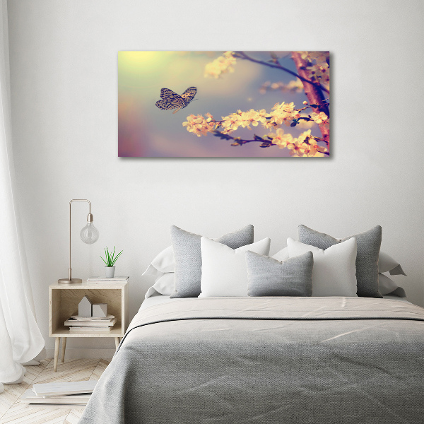 Schilderij op glas Kersenbloesem en vlinder