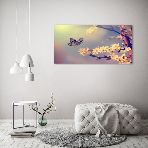 Schilderij op glas Kersenbloesem en vlinder