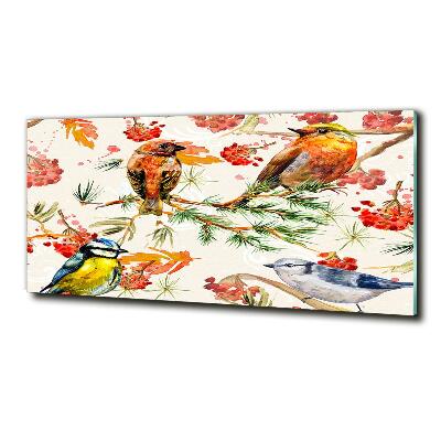 Glazen schilderij Naaldhoutbomen en vogels