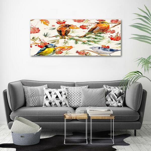 Glazen schilderij Naaldhoutbomen en vogels