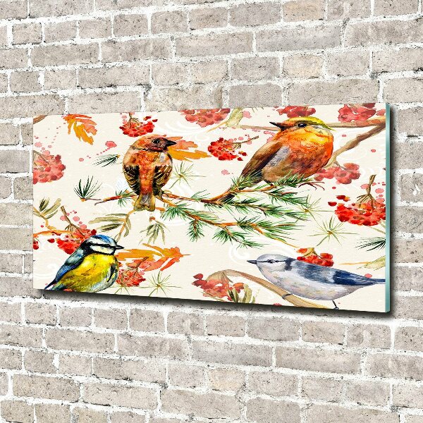 Glazen schilderij Naaldhoutbomen en vogels