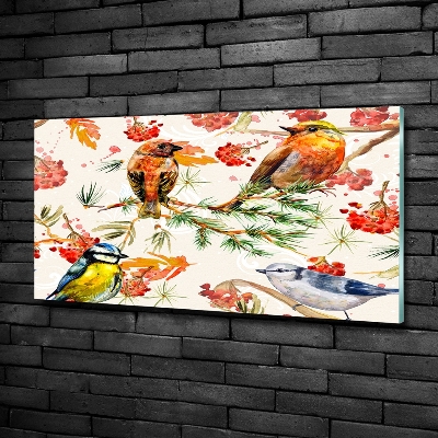 Glazen schilderij Naaldhoutbomen en vogels