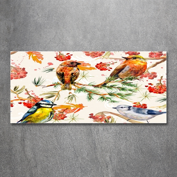 Glazen schilderij Naaldhoutbomen en vogels