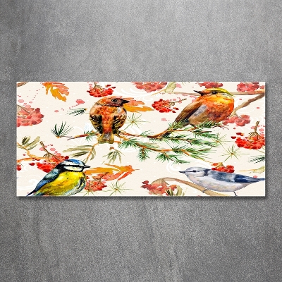 Glazen schilderij Naaldhoutbomen en vogels