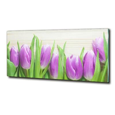Schilderij glas Paarse tulpen