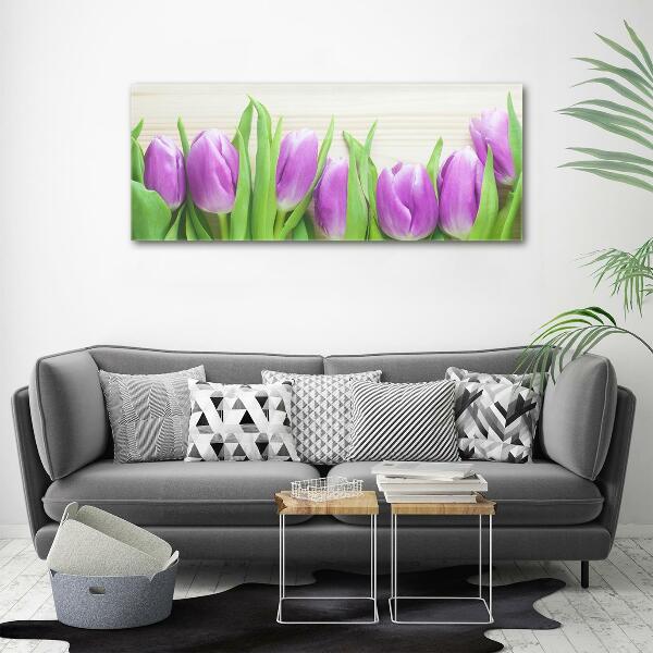 Schilderij glas Paarse tulpen
