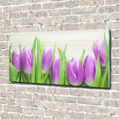 Schilderij glas Paarse tulpen