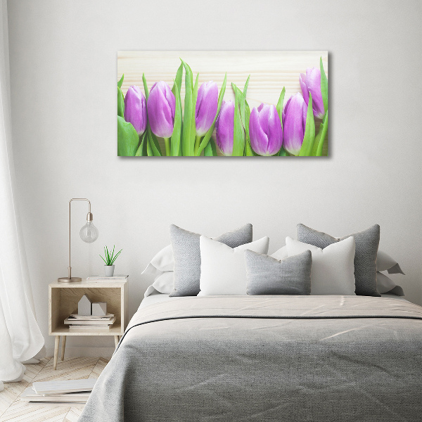 Schilderij glas Paarse tulpen