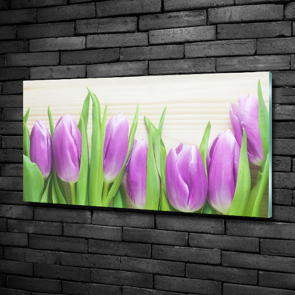 Schilderij glas Paarse tulpen