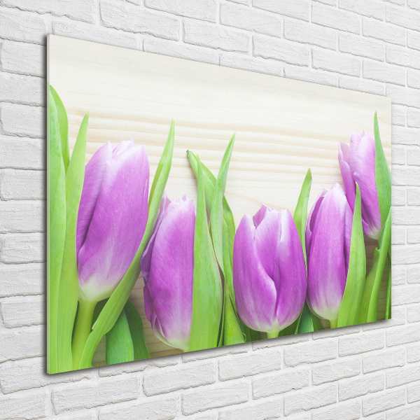 Schilderij glas Paarse tulpen