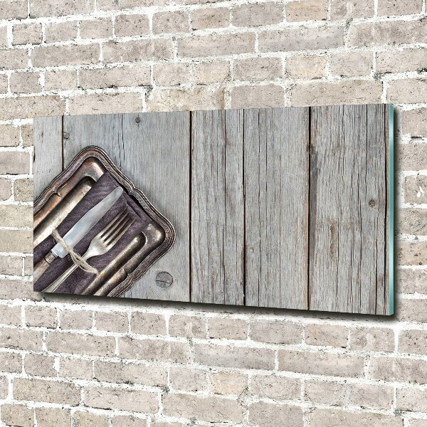 Foto schilderij op glas Bestek op planken