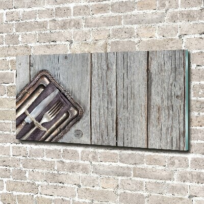 Foto schilderij op glas Bestek op planken