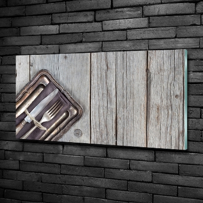 Foto schilderij op glas Bestek op planken