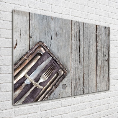 Foto schilderij op glas Bestek op planken