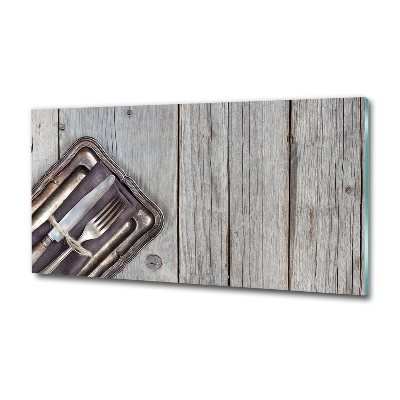 Foto schilderij op glas Bestek op planken