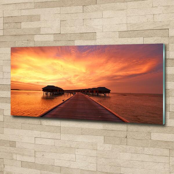 Schilderij glas Bungalows op de Malediven