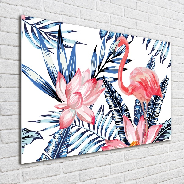 Foto schilderij op glas Flamingo's en planten