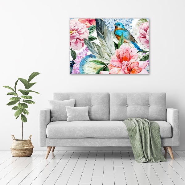 Schilderij op glas Bloemen en vogels