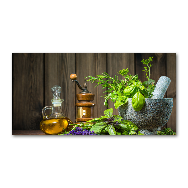 Schilderij glas Kruiden in een vijzel