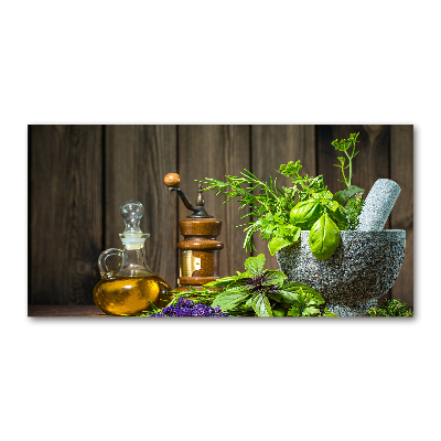 Schilderij glas Kruiden in een vijzel