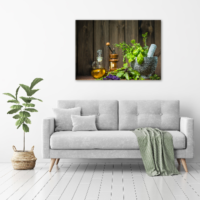 Schilderij glas Kruiden in een vijzel