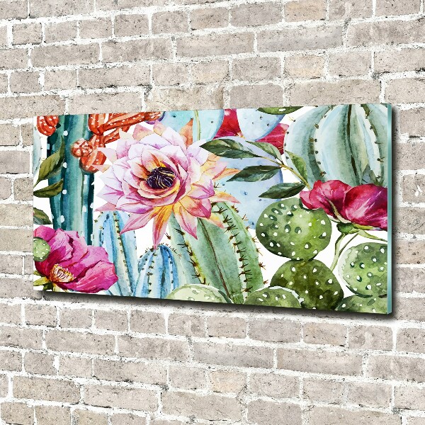 Schilderij glas Cactussen en bloemen