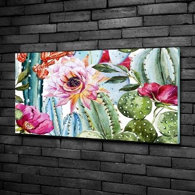 Schilderij glas Cactussen en bloemen