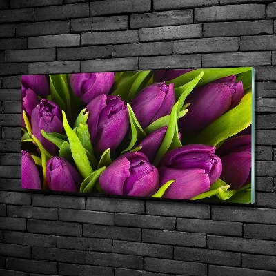 Schilderij glas Paarse tulpen