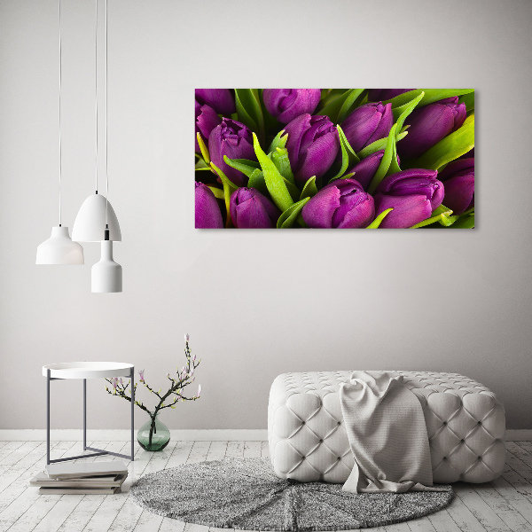 Schilderij glas Paarse tulpen