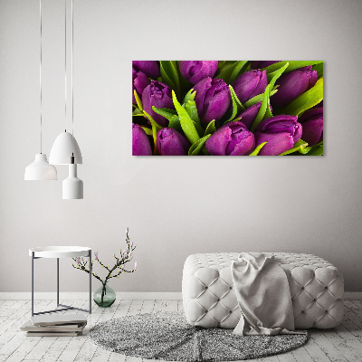 Schilderij glas Paarse tulpen