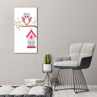 Verticale glasfoto Uil op een tak