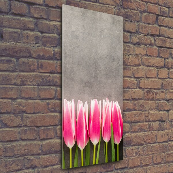 Verticaal glasschilderij Roze tulpen