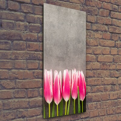Verticaal glasschilderij Roze tulpen