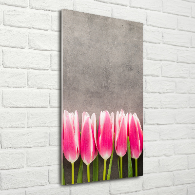 Verticaal glasschilderij Roze tulpen